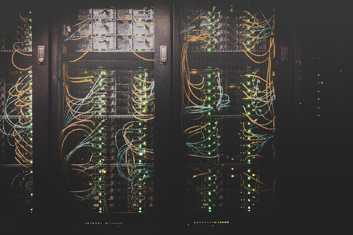 Rows of networking equipment in a data centre