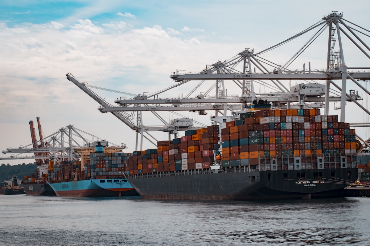 Container ship and gantry cranes at a shipping port